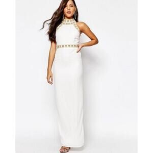NWT Missguided Premium Ivory High Neck Embellished Maxi Dress Size 6